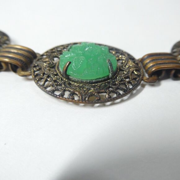 Metal Flower Link Belt w/ Carved Green Glass 26" Small Vintage Victorian - Picture 6 of 13
